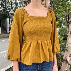 Madewell Lucie Blouse Sz 10 L  Babydoll Smocked Crinkle Peplum Peasant Romantic